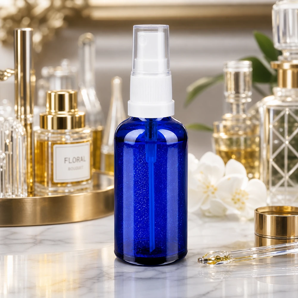 Dekorative blaue Glassprühflasche 50ml mit weißem Verschluss für Beauty-Routine zu Hause