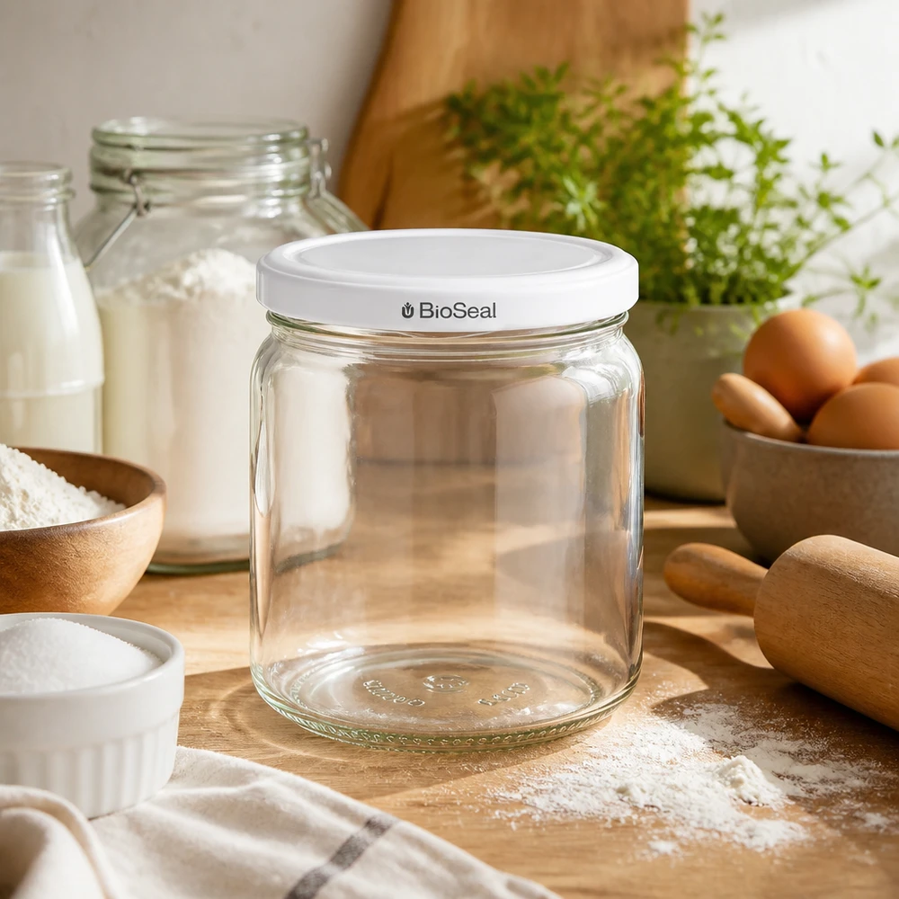 408ml Rundglas mit BioSeal Deckel weiß UNiTWIST UNiTWIST Runda408 leeres Einmachglas in gemütlicher Küche - vielseitiges Vorratsglas mit BioSeal für Backen und Kochen