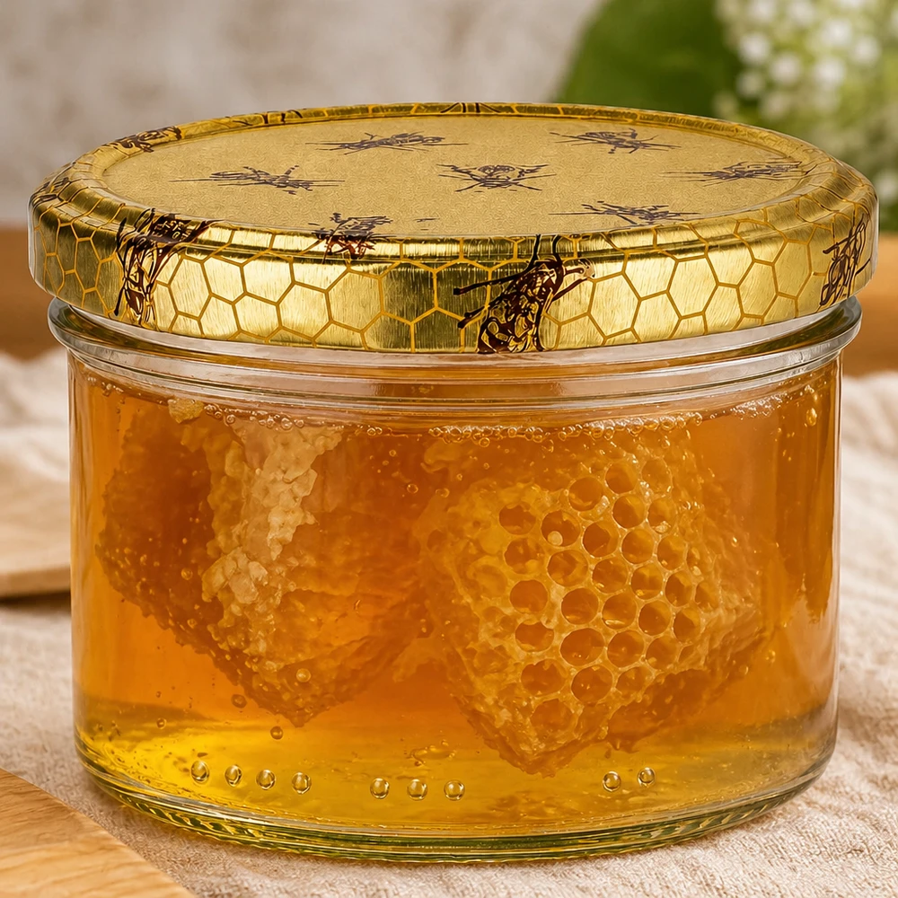 300g Honigglas mit Bienenwabe Deckel BasicSeal UNiTWIST 300g Honigglas gefüllt mit goldener Bienenwabe im Honig, dekorativer Verschluss mit Bienenmuster