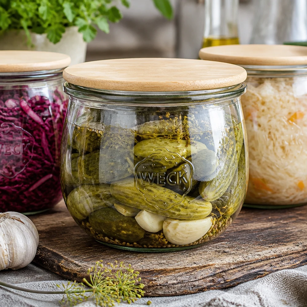 580ml Tulpenglas WECK RR100 mit Holzdeckel WECK Tulpenglas 580ml RR100 mit Holzdeckel für eingelegte Gurken und Gemüse - stilvolle Einmachgläser-Serie