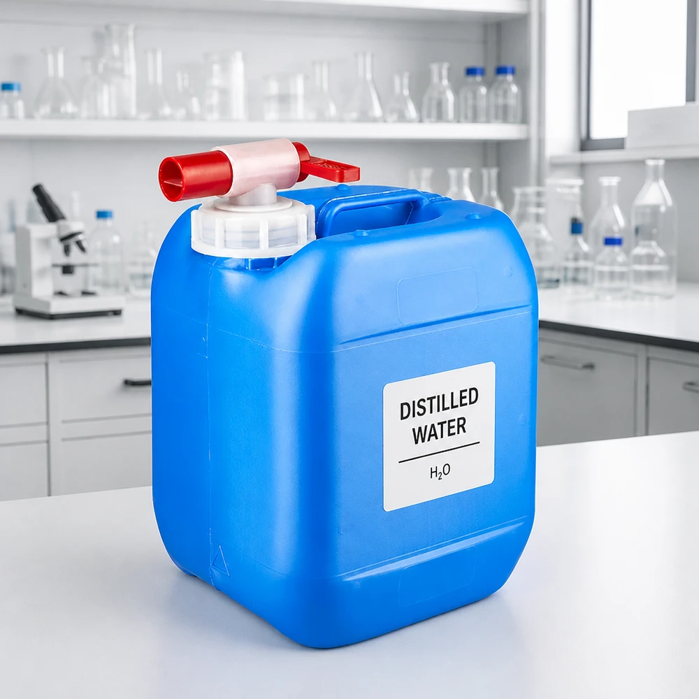 Robuster blauer HDPE Kanister 5 Liter mit rotem Auslaufventil im Labor