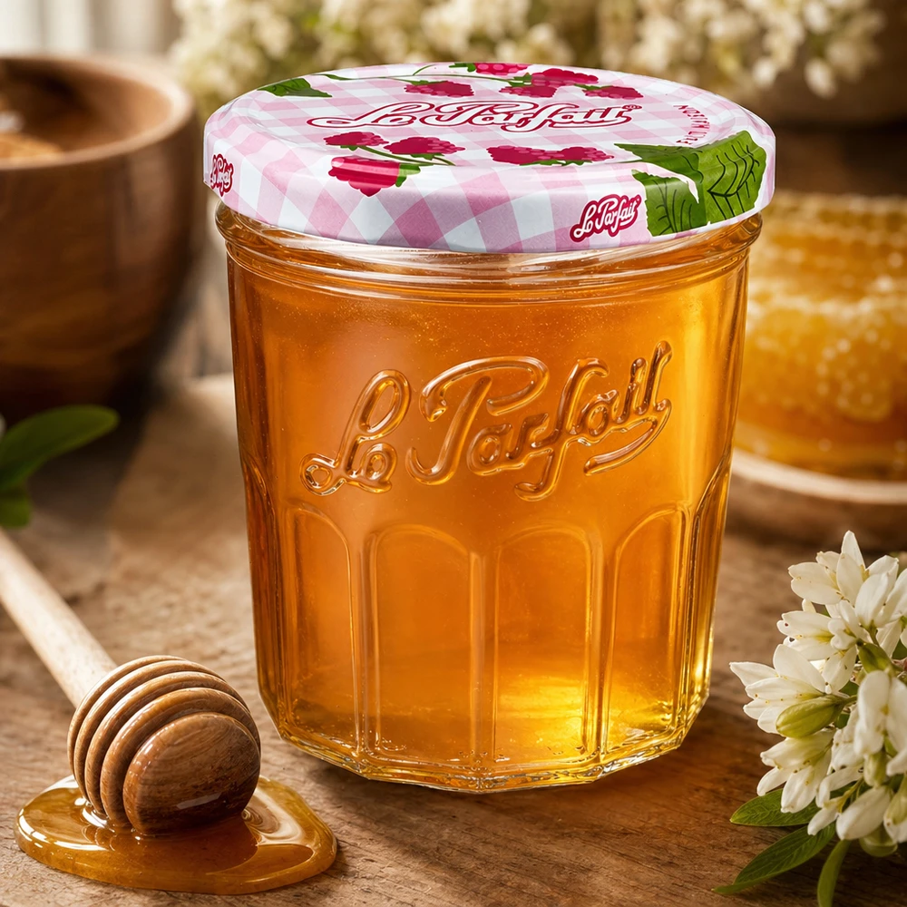 324ml Sturzglas "Jam" mit Schraubdeckel Le Parfait® 324ml Le Parfait Sturzglas mit Honig gefüllt neben Honiglöffel und weißen Blüten auf Holztisch
