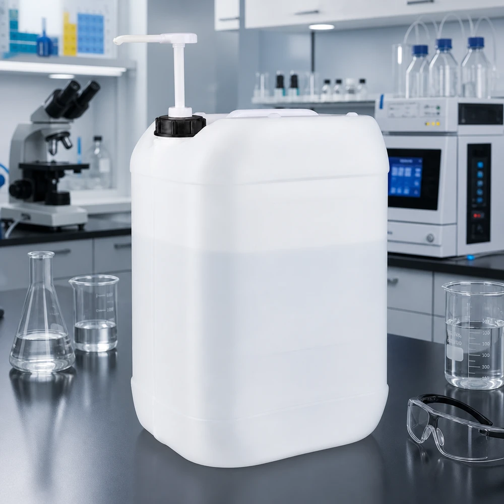 Kanister 25 Liter mit Dosierpumpe Kompakter Chemikalienkanister 25L mit Pumpe neben Laborgeräten Erlenmeyerkolben und Becherglas