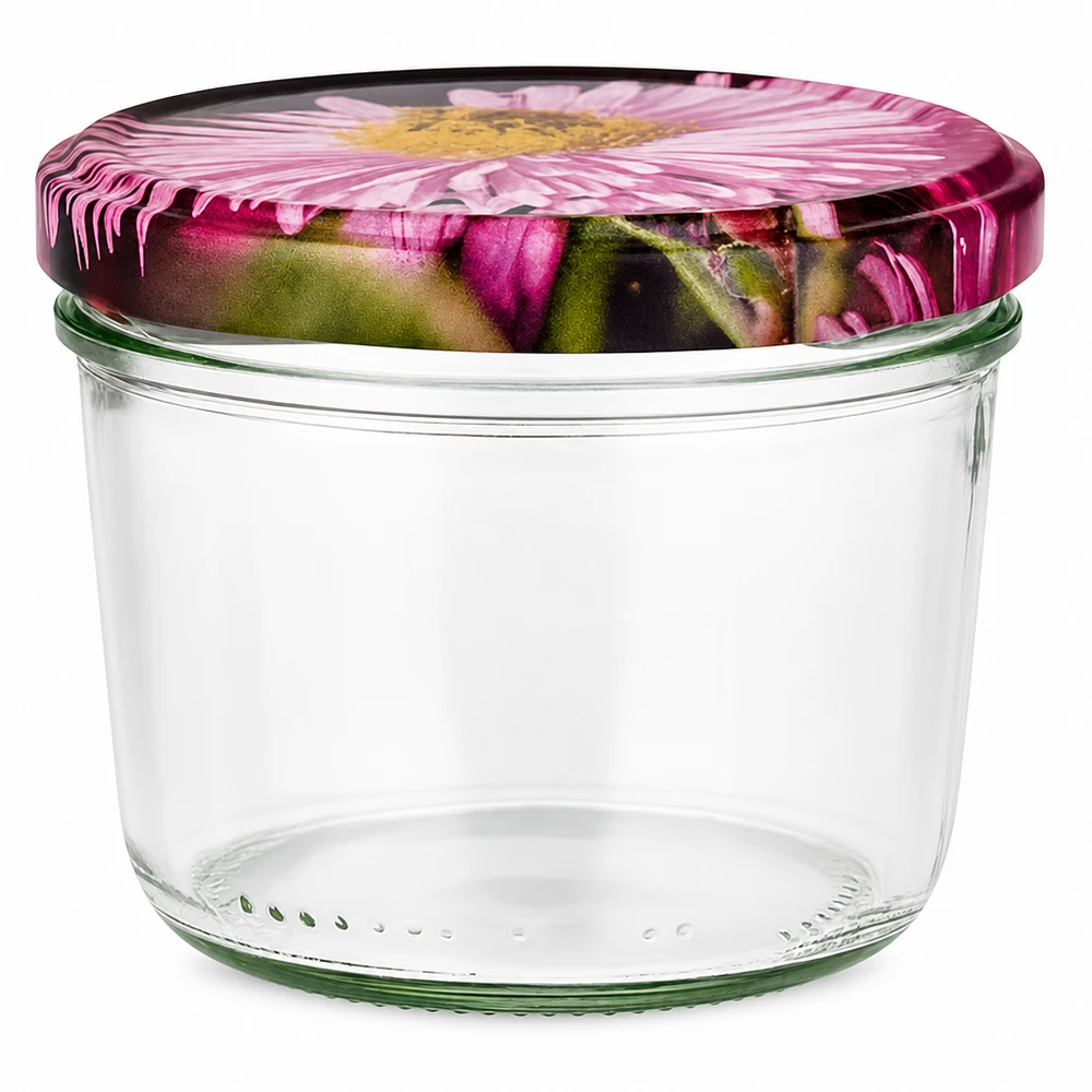 230ml Sturzglas + BasicSeal Deckel Blüten-Dekor UN Sturzglas 230ml mit BasicSeal Deckel in Blüten-Dekor, leeres Einmachglas mit rosa Blumenmuster auf weißem Hintergrund