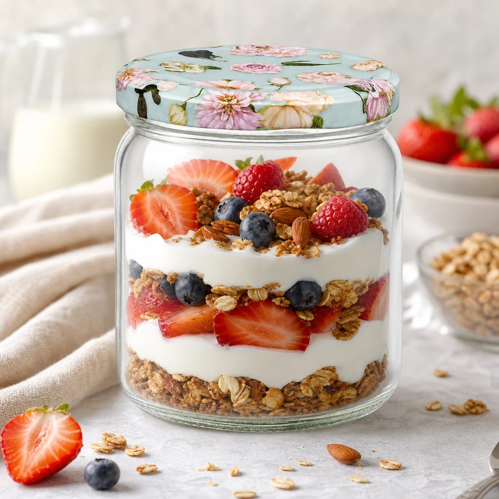 408ml Rundglas + BasicSeal Deckel Blume mint UNiTWIST 408ml Rundglas BasicSeal Deckel Blume mint gefüllt mit Joghurt Müsli Beeren Parfait Dessertglas Schichtdessert