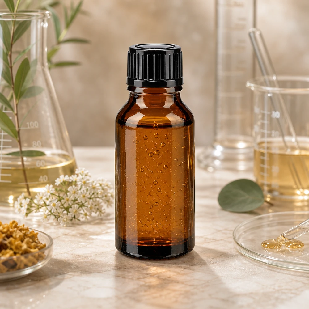 Apothekerflasche 15ml UV-Schutz Braunglas mit Schraubverschluss und Naturkräutern im Hintergrund