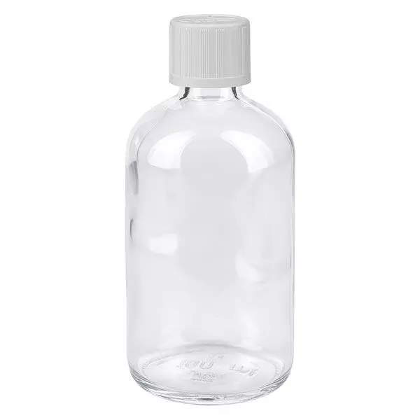 Apothekenflasche klar 100ml Tropfverschluss weiß Kindersicherung Standard Apothekenflasche klar 100ml Tropfverschluss weiß Kindersicherung Standard