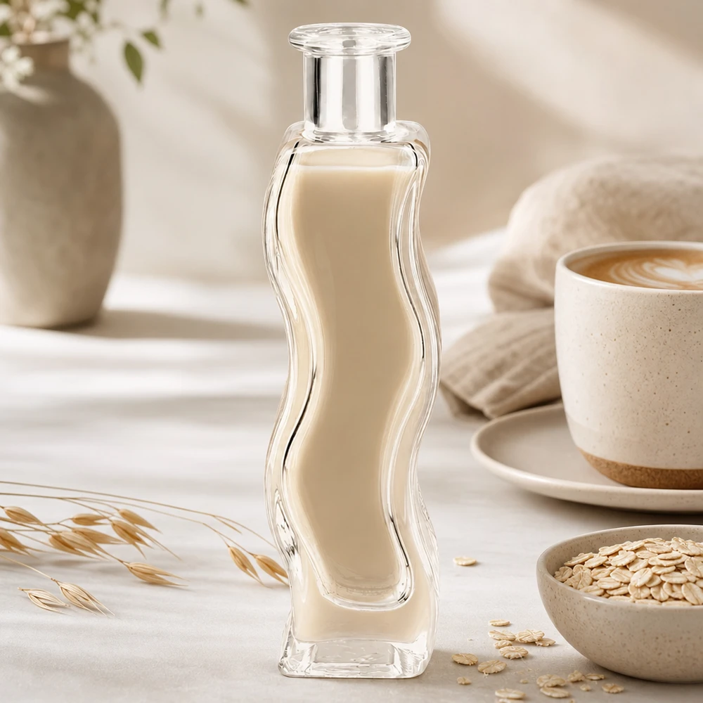 100ml Glasflasche "Melissa" ohne Verschluss UNiTWIST Glasflasche Melissa 100ml mit cremiger Flüssigkeit in elegantem Wellness-Setting mit Haferflocken und Kaffeetasse