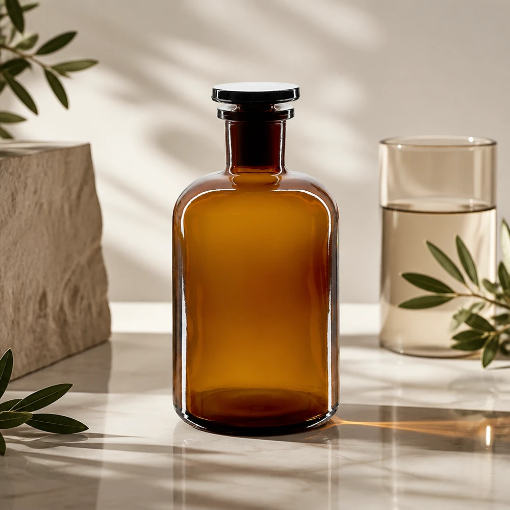 Chemikalienflasche 500ml bernsteinfarben Enghals Rundschulter mit Glasstopfen stabil