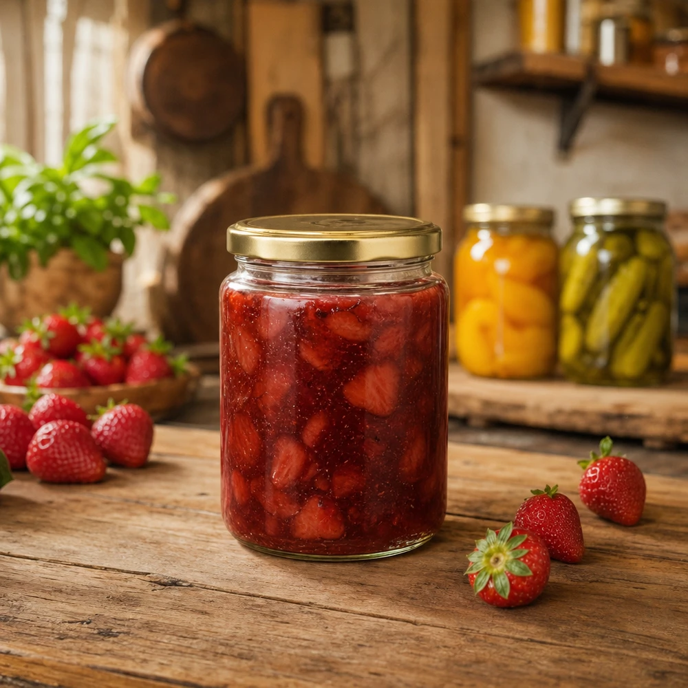 450g Honigglas mit goldenem Deckel gefüllt mit Erdbeermarmelade in rustikaler Küche BasicSeal Glas für Fruchtaufstriche