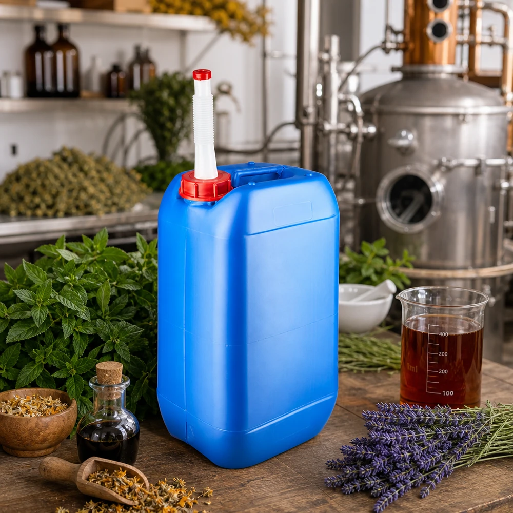 Kanister 15 Liter blau mit Auslaufrohr Flex Stapelbarer Vorratsbehälter 15 Liter Blau mit Auslaufrohr im naturmedizinischen Produktionsbereich