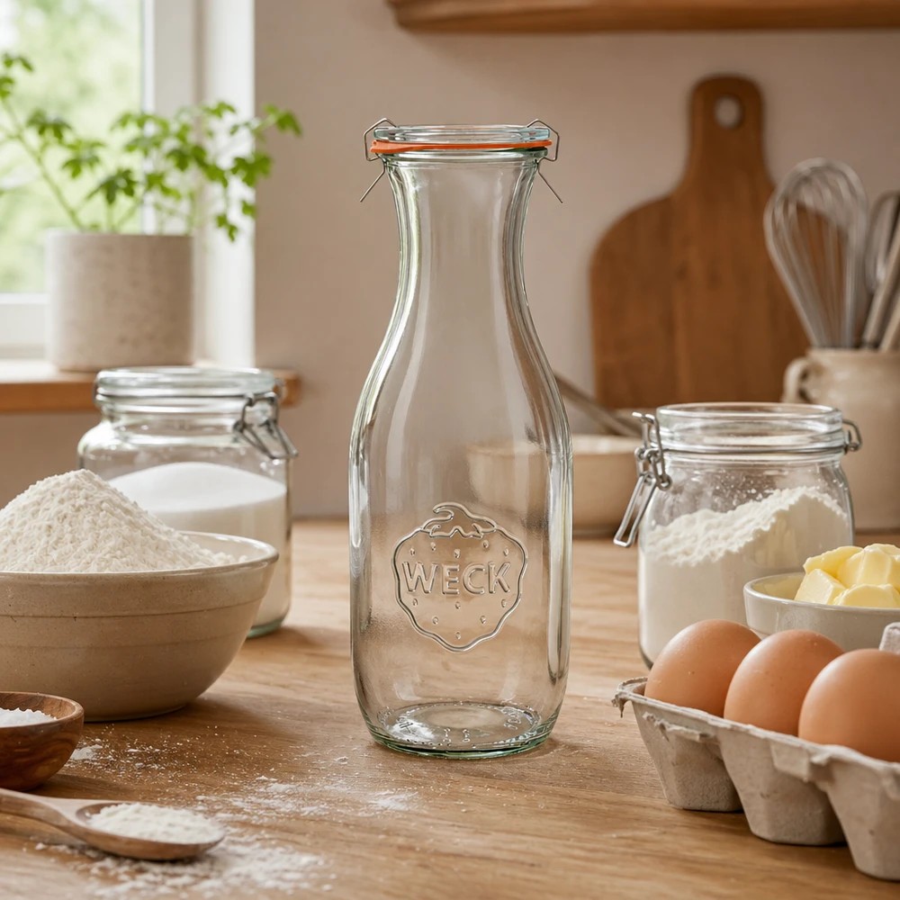WECK Saftflasche 1062ml RR60 leer in rustikaler Küche mit Backzutaten Mehl Eiern und Küchenutensilien