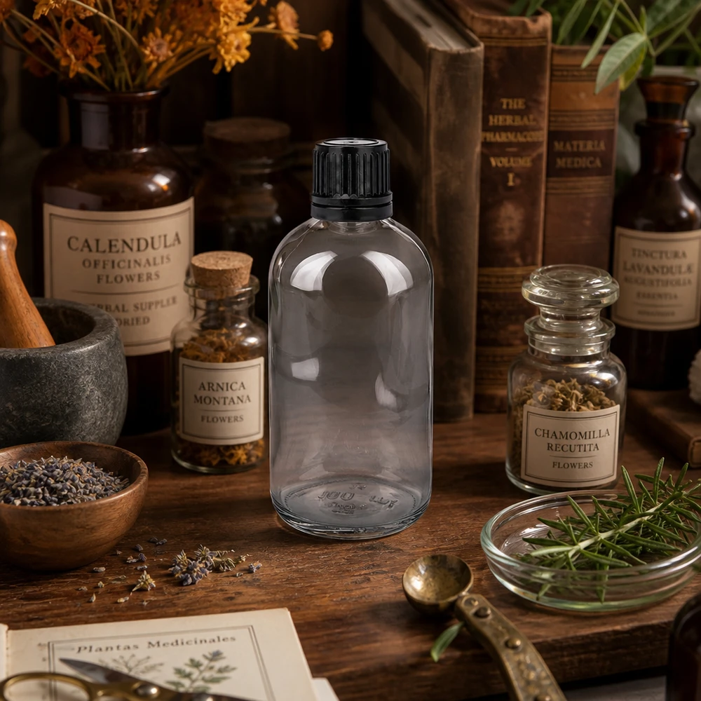 Globuliflasche 100ml Standard Klarglas neben Kräuterbüchern Mörser und Heilpflanzen