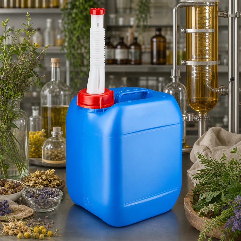 Kanister 5 Liter blau mit Auslaufrohr Flex Rechteckiger blauer Kanister 5L mit Tragegriff und biegsamem Auslaufstutzen in Naturumgebung