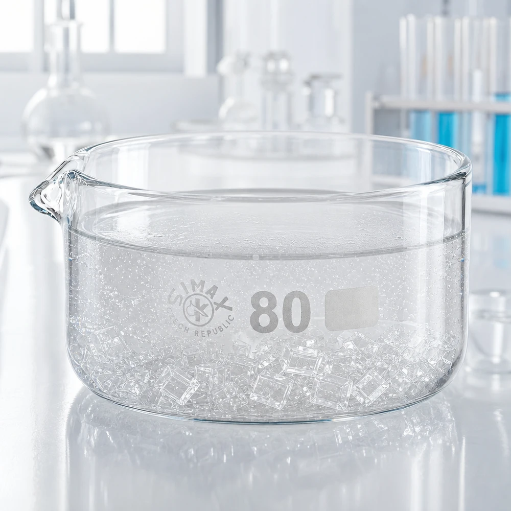 150ml Kristallisierschale mit Ausguss Borosilikat ø80mm SIMAX Kristallisierschale 80mm Durchmesser mit klarem Borosilikatglas und Ausguss seitlich