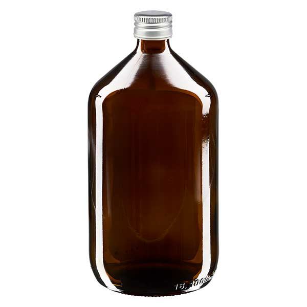 1000ml Medizinflasche braun, mit Verschluss silber Aluminium ApoGlas