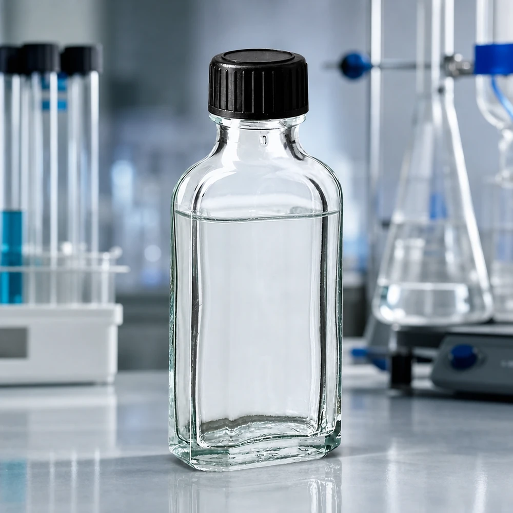 Kompakte 50 ml Meplat Apothekerflasche klar mit schwarzem Deckel und EPE-Dichtscheibe