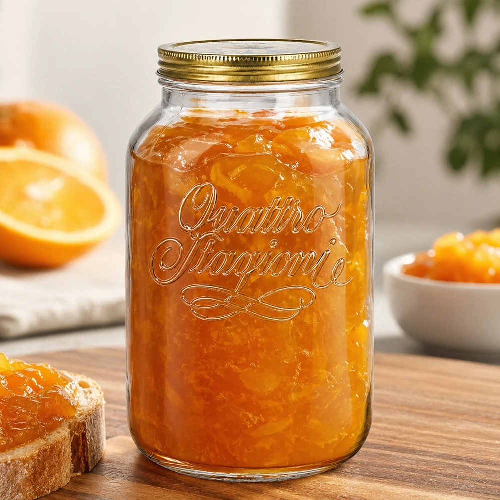 3800ml Rundglas "Quattro Stagioni" mit Deckel Quattro Stagioni 3800ml Einmachglas gefüllt mit Orangenmarmelade auf Holzbrett mit frischen Orangen und Brot