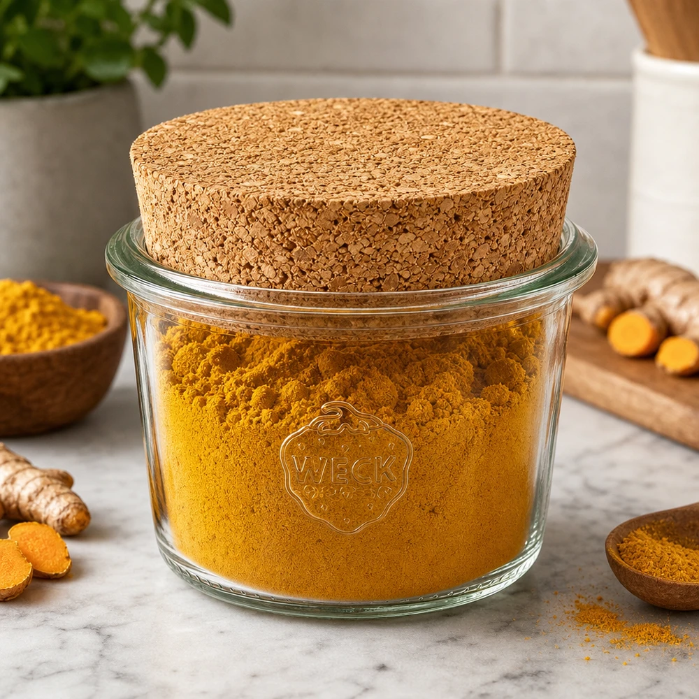 80ml Sturzglas WECK RR60 mit Korken natur WECK Sturzglas 80ml RR60 mit Naturkorken gefüllt mit Kurkumapulver als Gewürzaufbewahrung in der Küche