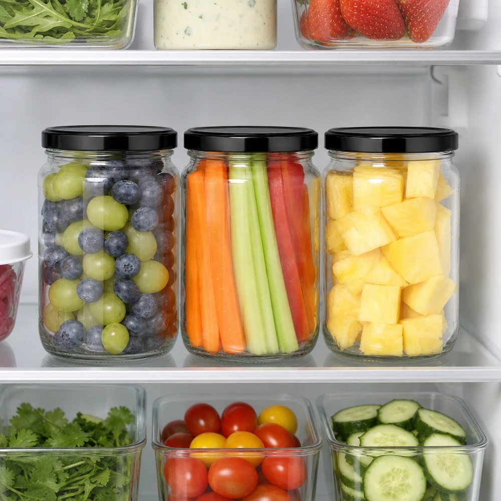 Kühlschrank Organisation 1700ml Rundglas schwarzer BasicSeal Deckel Obst Gemüse Meal Prep frische Lebensmittel