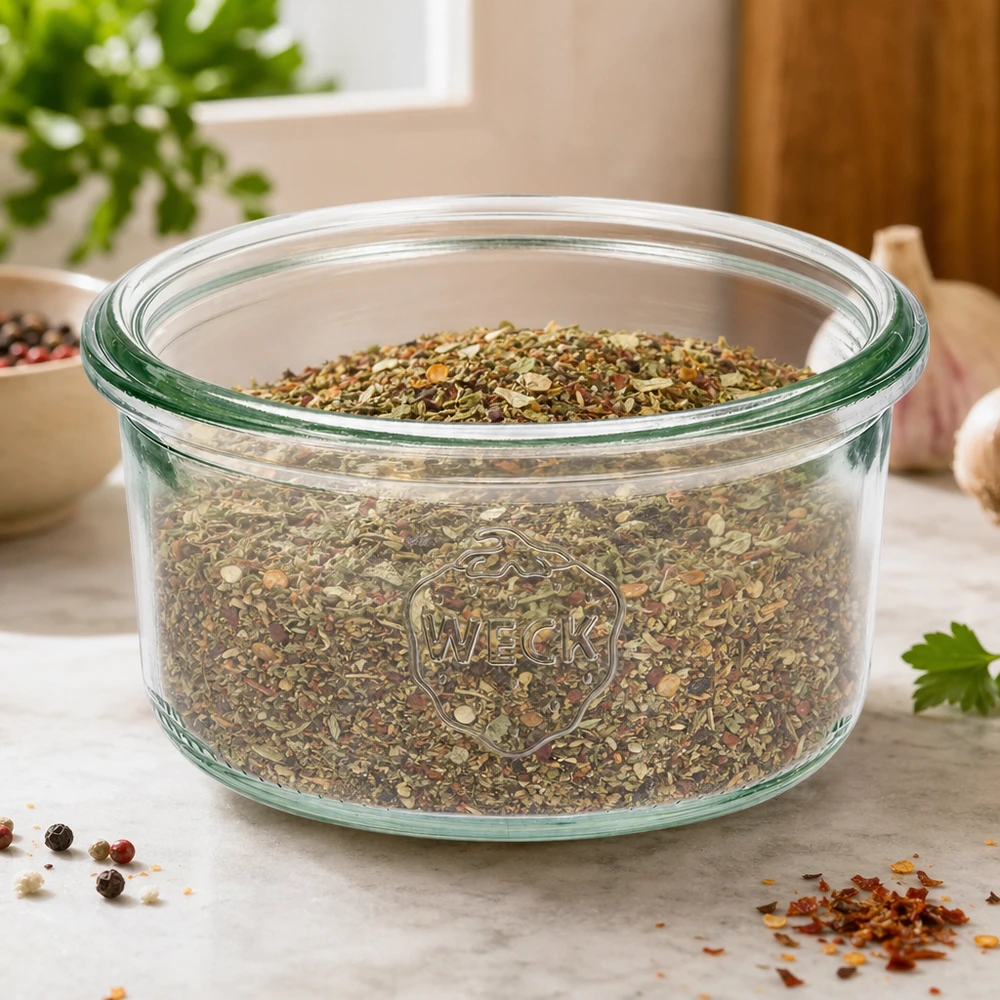 165ml Sturzglas WECK RR80 WECK Sturzglas 165ml RR80 mit Kräutern gefüllt auf Küchentheke mit Gewürzen und Pflanzen im Hintergrund