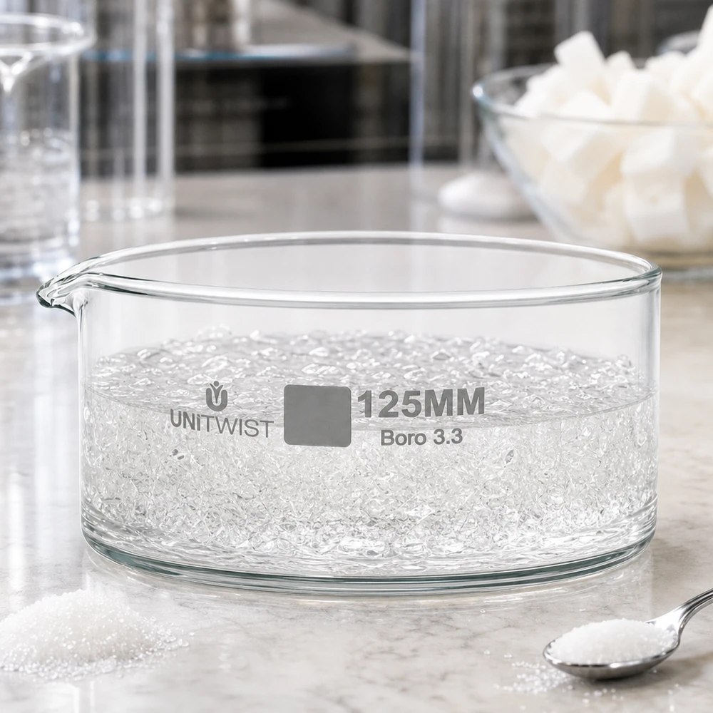 Flache Glasschale UNiTWIST 125mm Borosilikatglas Boro 3.3 mit niedrigem zylindrischem Rand