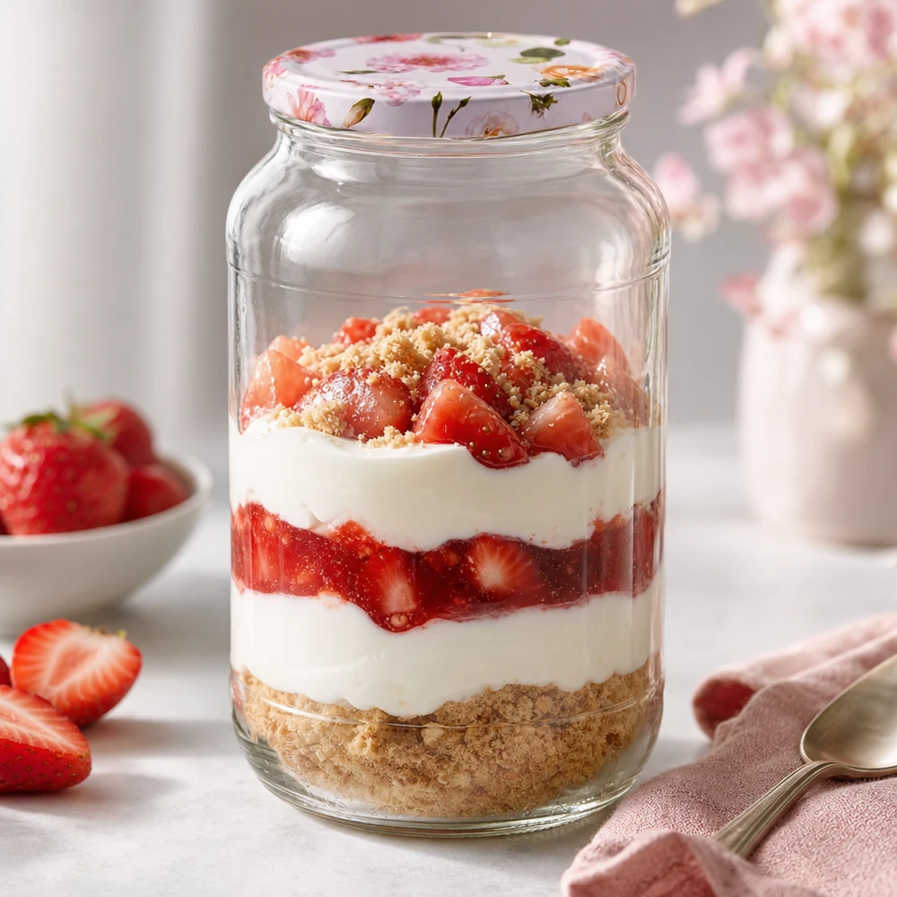 1062ml Rundglas + BasicSeal Deckel Blume rosa UNiTWIST Schichtdessert im 1062ml Rundglas mit rosa Blumendeckel Erdbeeren Sahne Keksboden BasicSeal Verschluss Nachtisch