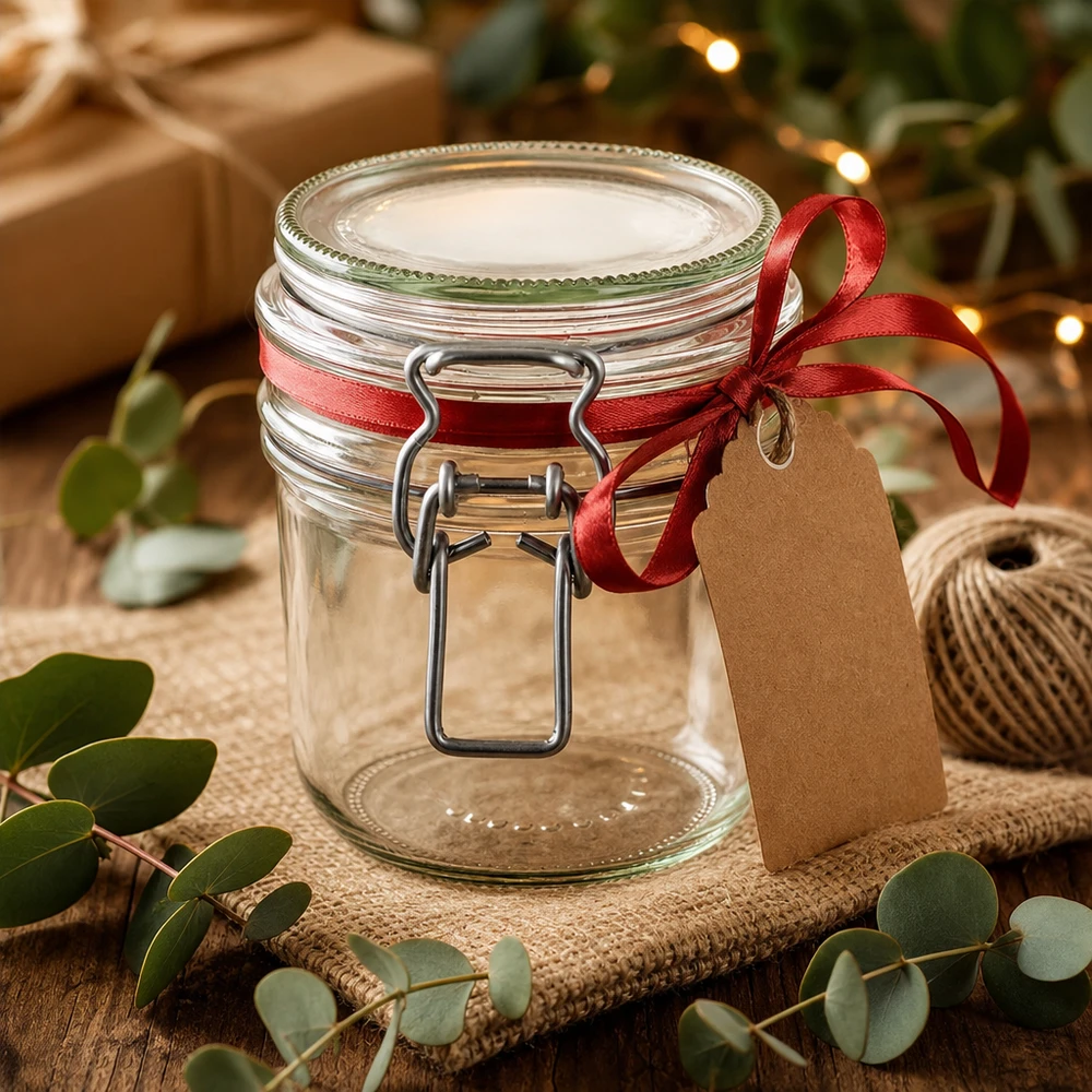 255ml Vorratsglas Typ G mit Bügelverschluss UN.. 255ml Vorratsglas mit Bügelverschluss als Geschenkidee mit roter Schleife und Geschenkanhänger dekoriert