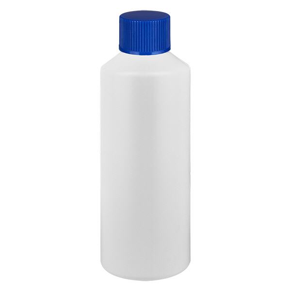 Apothekenflasche HDPE 100ml weiß, mit blauem Schraubverschluss Apothekenflasche HDPE 100ml weiß, mit blauem Schraubverschluss