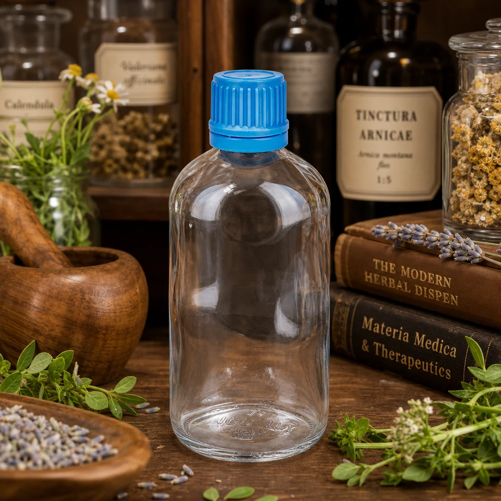 100ml Flasche 11mm Schraubverschluss blau Originalitätsverschluss ClearLine UT18/100 100ml UT18 Flasche mit blauem SV neben Calendula Valerian und Arnika Apothekengläsern