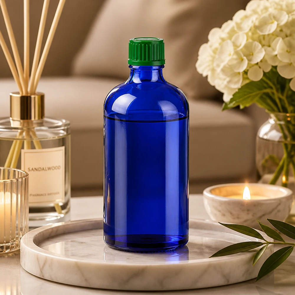 100ml Flasche 11mm Schraubverschluss grün Standard BlueLine UT18/100 Handliche 100ml Glasflasche in tiefem Blau ideal für Aromatherapie und Wellness-Produkte