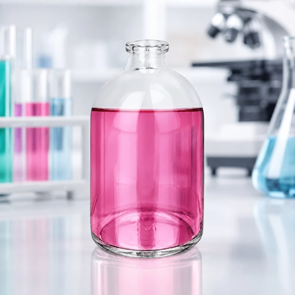 Großaufnahme einer 100ml Injektionsflasche Klarglas mit pink gefärbtem Labormedium