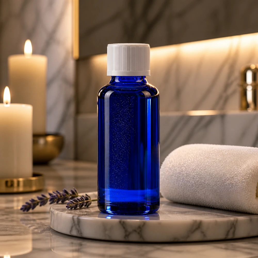 Apothekenflasche blau 30ml Tropfverschluss weiß Kindersicherung Standard Blaue 30ml Flasche mit weißem KiSi-Verschluss im stilvollen Badezimmer mit Kerzen und Handtuch