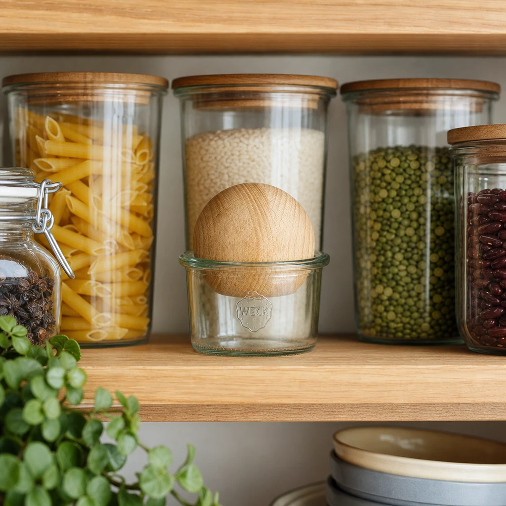 WECK Sturzglas 200ml RR80 mit Holzkugel im Vorratsregal zwischen Pasta und Hülsenfrüchten, stilvolle Küchenorganisation