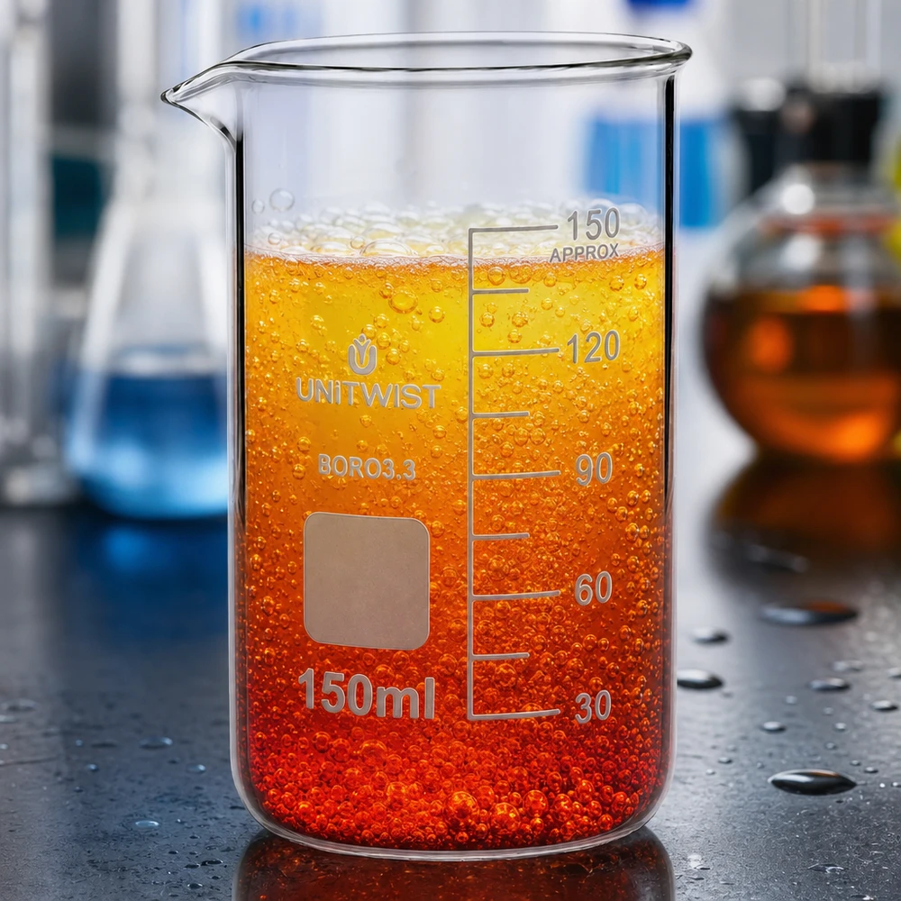 Laborbecher UNITWIST 150ml Borosilikat 3.3 hohe Form mit reaktiver oranger Flüssigkeit und Schaum