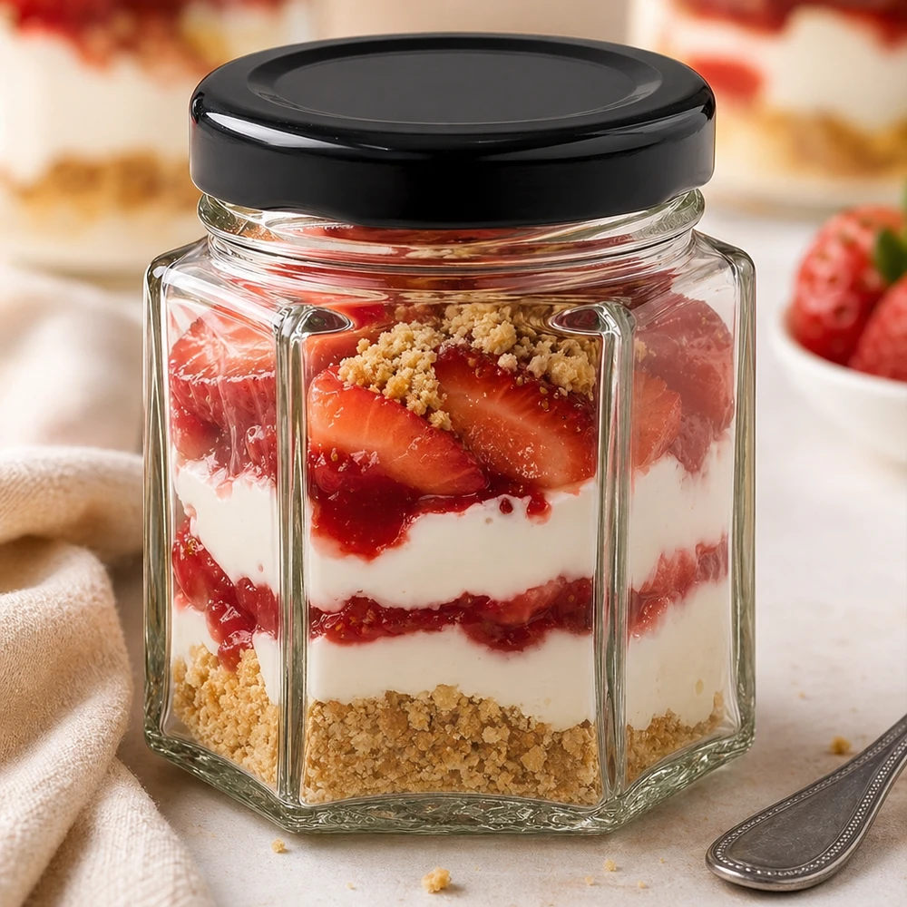 47ml Hexaglas mit BasicSeal Deckel schwarz UNiTWIST 47ml Hexaglas mit schwarzem Deckel als Dessertglas mit Schichtdessert aus Erdbeeren, Sahne und Kekskrümeln