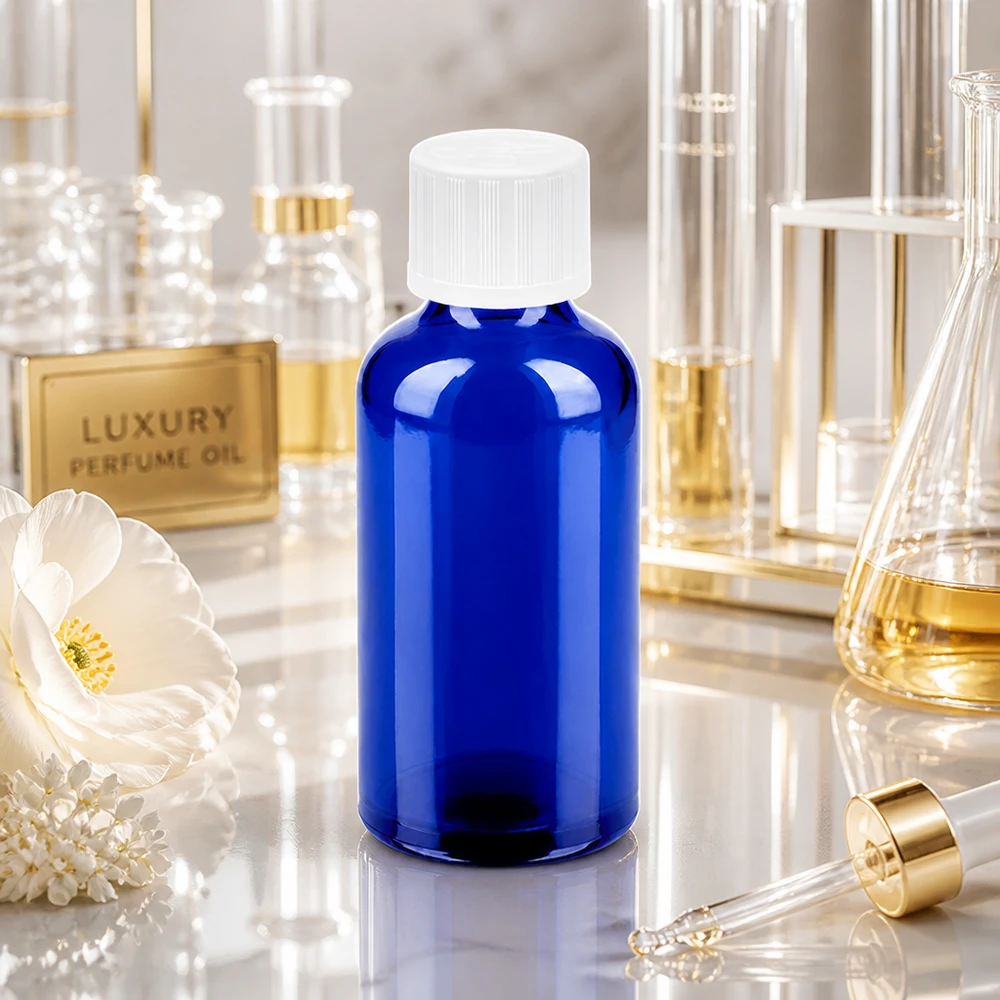 50ml Flasche 11mm Schraubverschluss weiß Standard Kindersicherung BlueLine UT18/50 Premium 50ml Glasflasche mit matter Oberfläche kombiniert Funktionalität und moderne Ästhetik