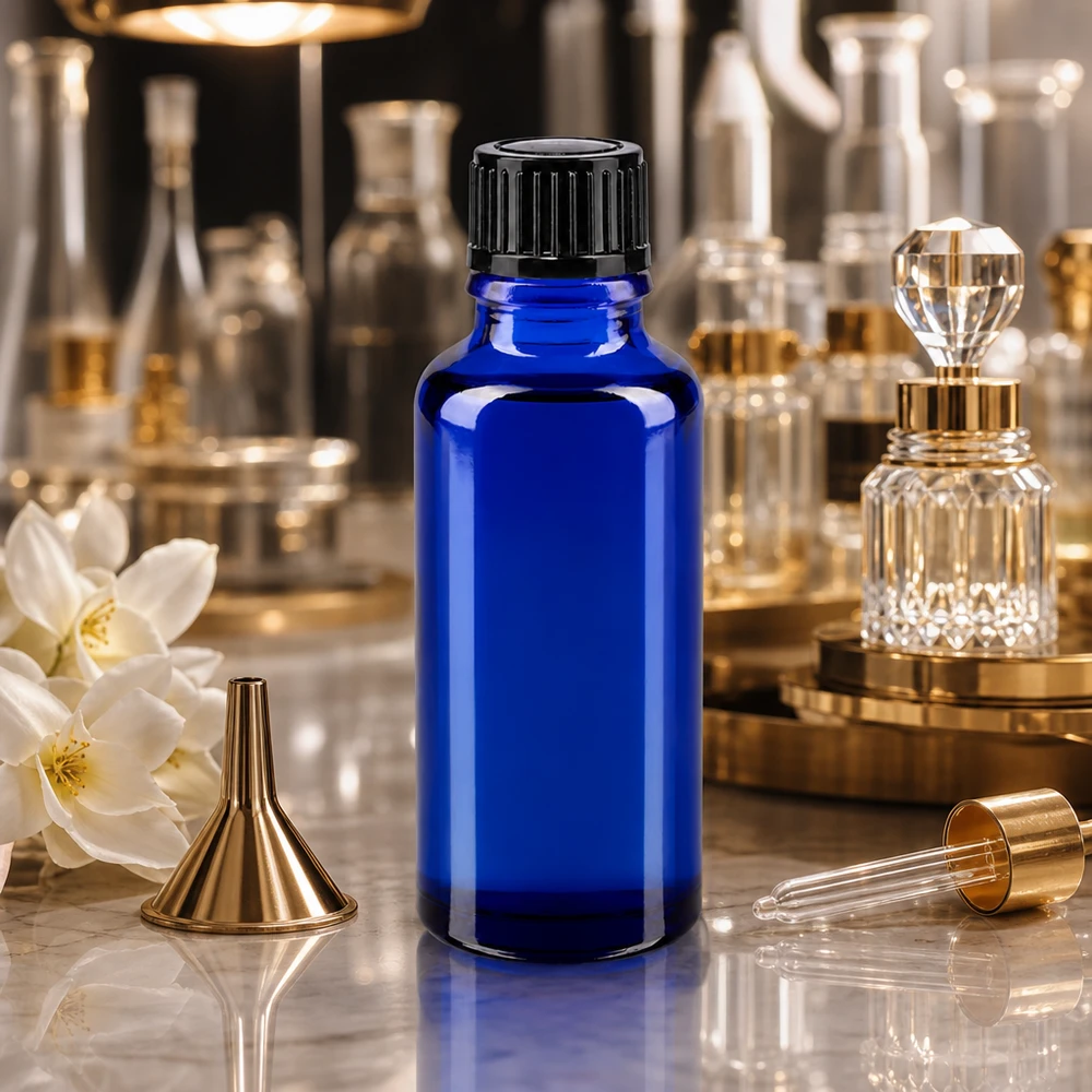 Blaue 30ml Dosierflasche aus Apothekenglas mit weißen Jasminblüten und goldenen Flakonflaschen