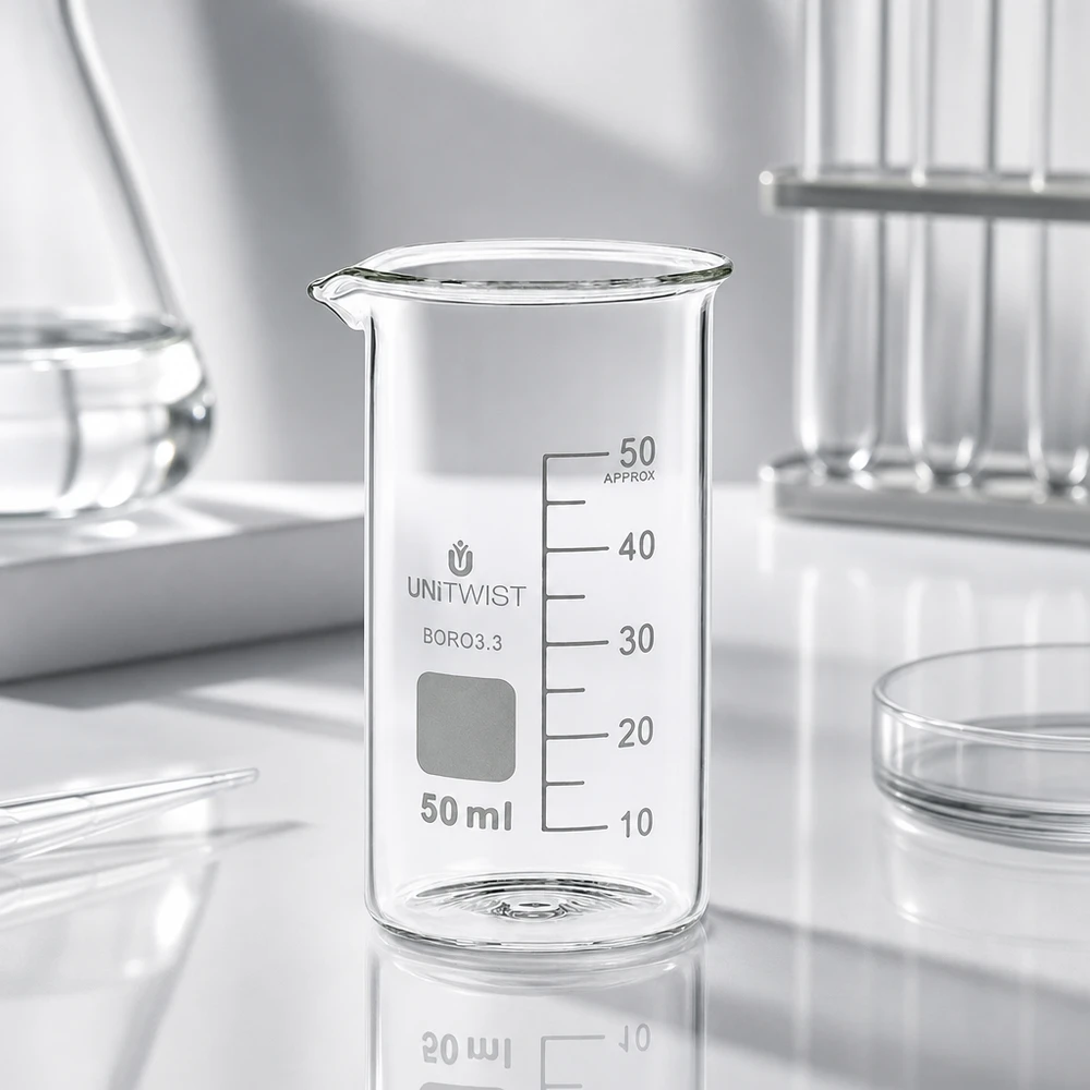 Becherglas 50ml Borosilikat, hohe Form UNiTWIST Klares Becherglas 50ml hohe Form UNITWIST Borosilikat neben Erlenmeyerkolben im Laborstudio