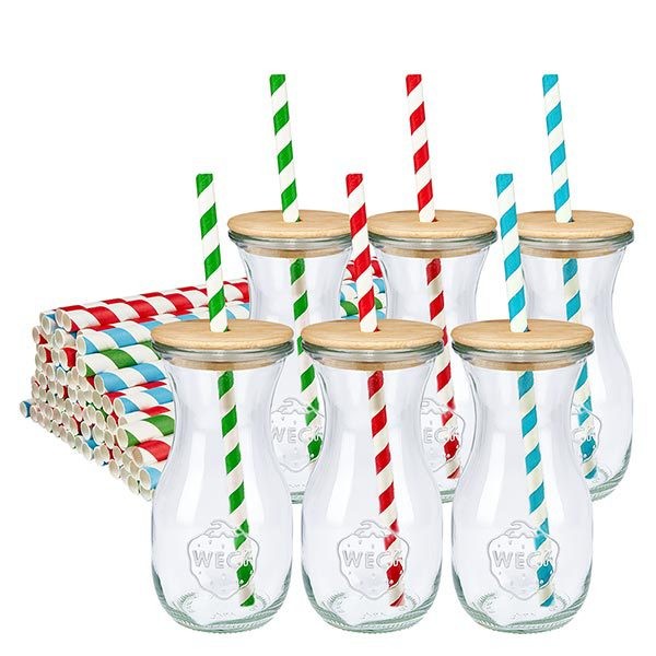 6 x WECK 290ml Saftflasche RR60 mit Holzdeckel und 100 Öko S 6 WECK Saftflaschen 290ml mit Holzdeckel und bunten Öko-Papierstrohhalmen grün rot blau gestreift Glasflaschen Set
