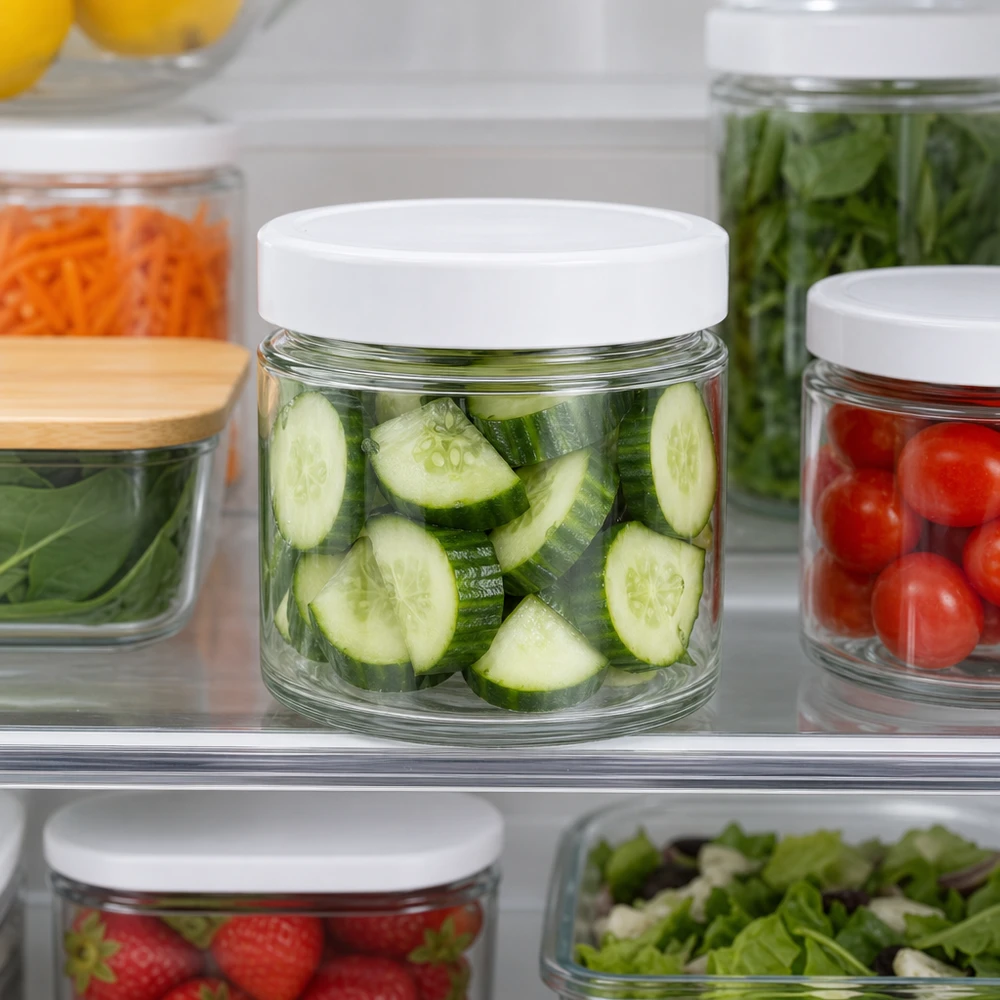 135ml Rundglas + BasicSeal Deckel weiß deep UNiTWIST 135ml Rundglas BasicSeal Deckel weiß Kühlschrank Meal Prep geschnittene Gurken Gemüseaufbewahrung Frischhaltung