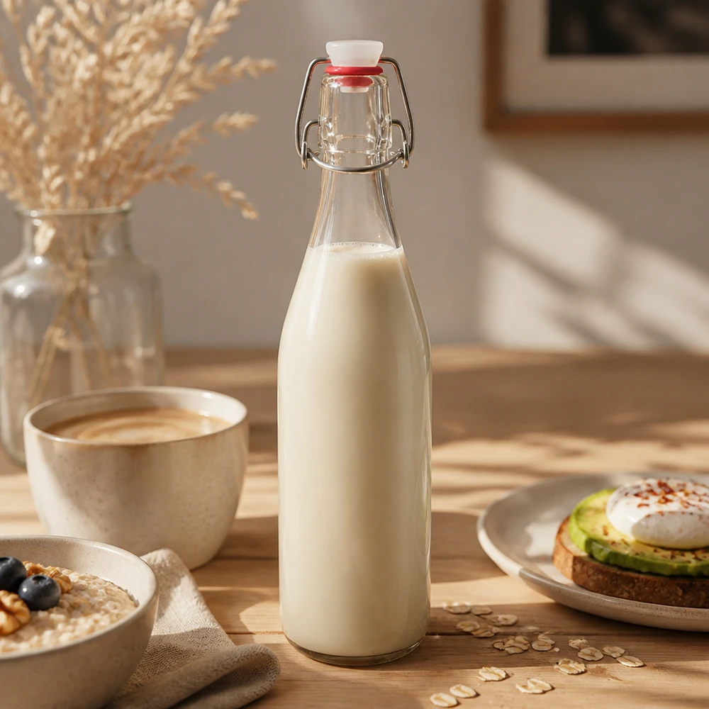 500ml Glasflasche und Bügelverschluss PVC UNiTWIST 500ml Glasflasche Bügelverschluss mit Hafermilch befüllt warmes Frühstücksambiente Pflanzenmilch Milchersatz