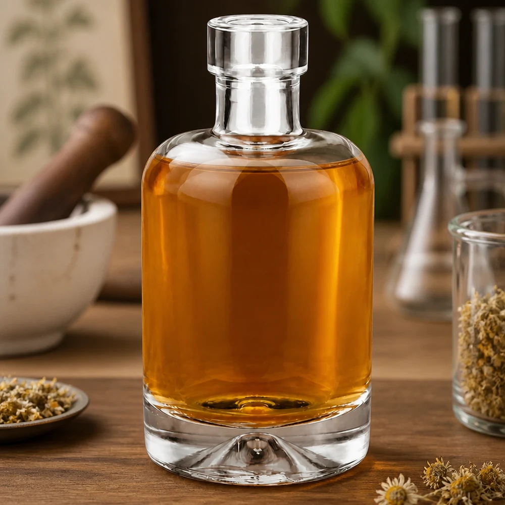 50ml Glasflasche "Attila" ohne Verschluss UNiTWIST® 50ml Glasflasche Amelie mit bernsteinfarbenem Kräuterelixir befüllt auf Holztisch mit Kamille und Gewürzen dekoriert