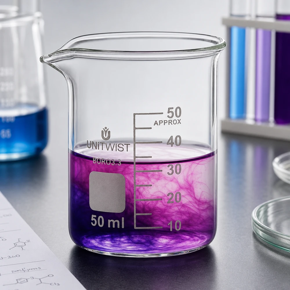 Becherglas 50ml Borosilikat, niedrige Form UNiTWIST Graduiertes 50ml Becherglas niedrige Form UNiTWIST mit Kristallviolett auf Labortisch