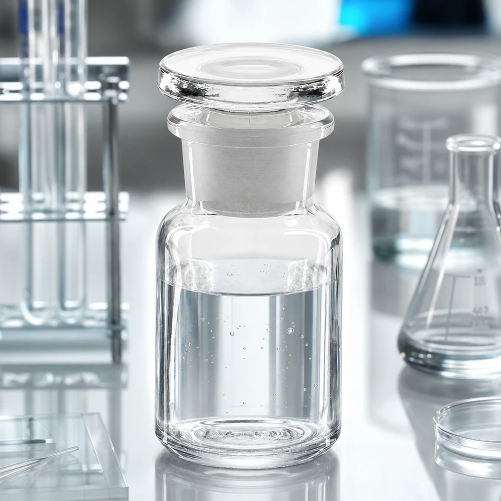 Kompakte Laborflasche 50ml mit Glasstopfen und Weithalsöffnung umgeben von Laborglasgeräten