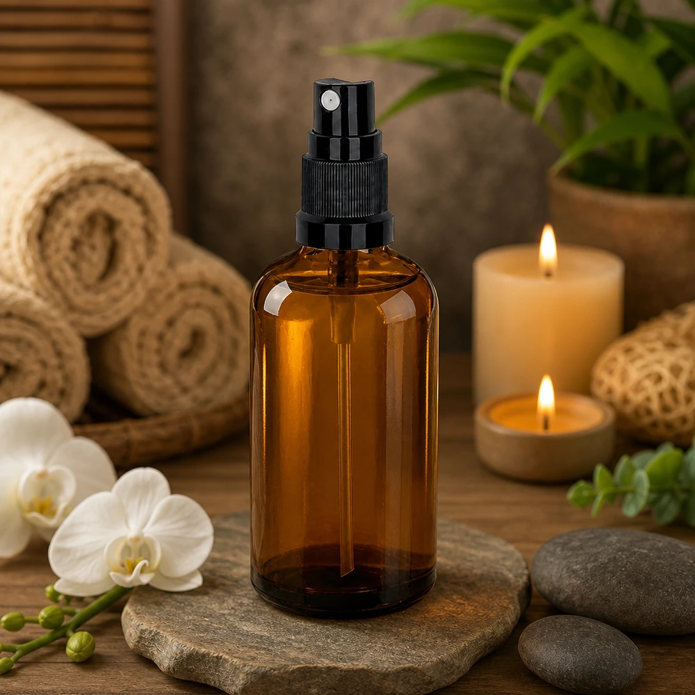 Professionelle 100ml Sprayflasche braun mit UT18 Verschluss für aromatherapeutische Mischungen