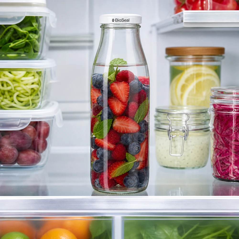 500ml Glasflasche mit BioSeal Deckel im Kühlschrank, gefüllt mit Beeren und Minze, neben Meal Prep Behältern