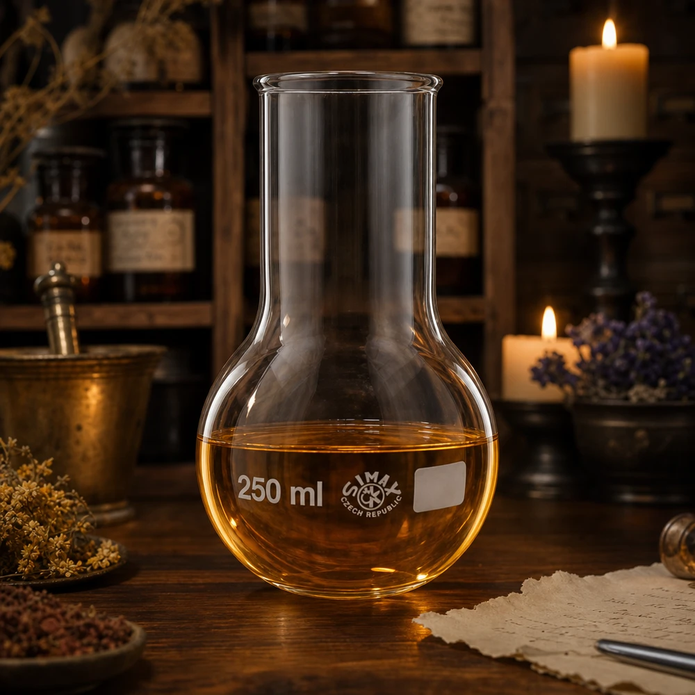Stehkolben 250ml Weithals Chemiekolben 250ml Weithals mit amber Inhalt umgeben von getrockneten Kräutern und Kerzen