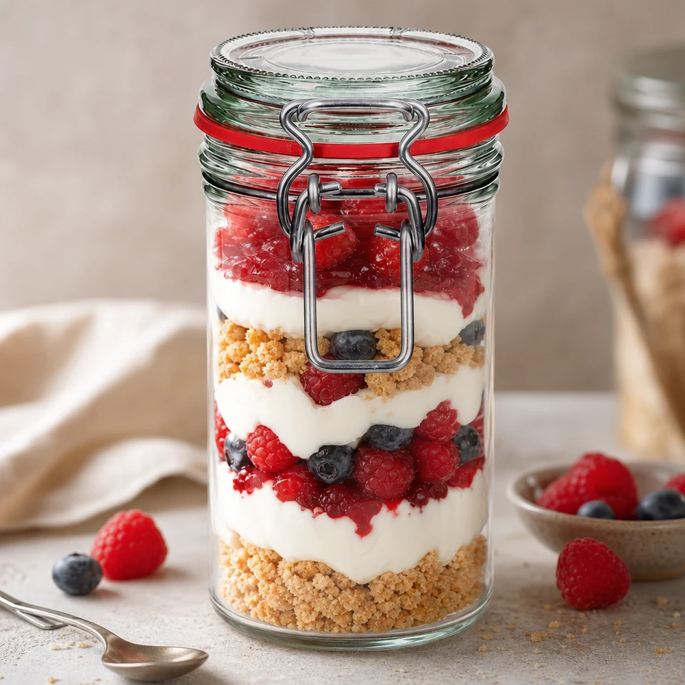 272ml Vorratsglas Typ G mit Bügelverschluss UN.. 272ml Vorratsglas mit Bügelverschluss gefüllt mit Joghurt-Beeren-Dessert zeigt praktische Verwendung für Küche