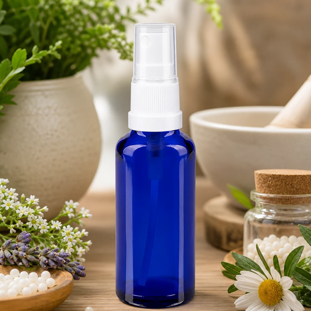 Apothekenflasche blau 30ml Sprayaufsatz weiß Zylindrische 30ml Sprühflasche aus UV-schützendem blauem Apothekenglas mit weißem Pumpkopf